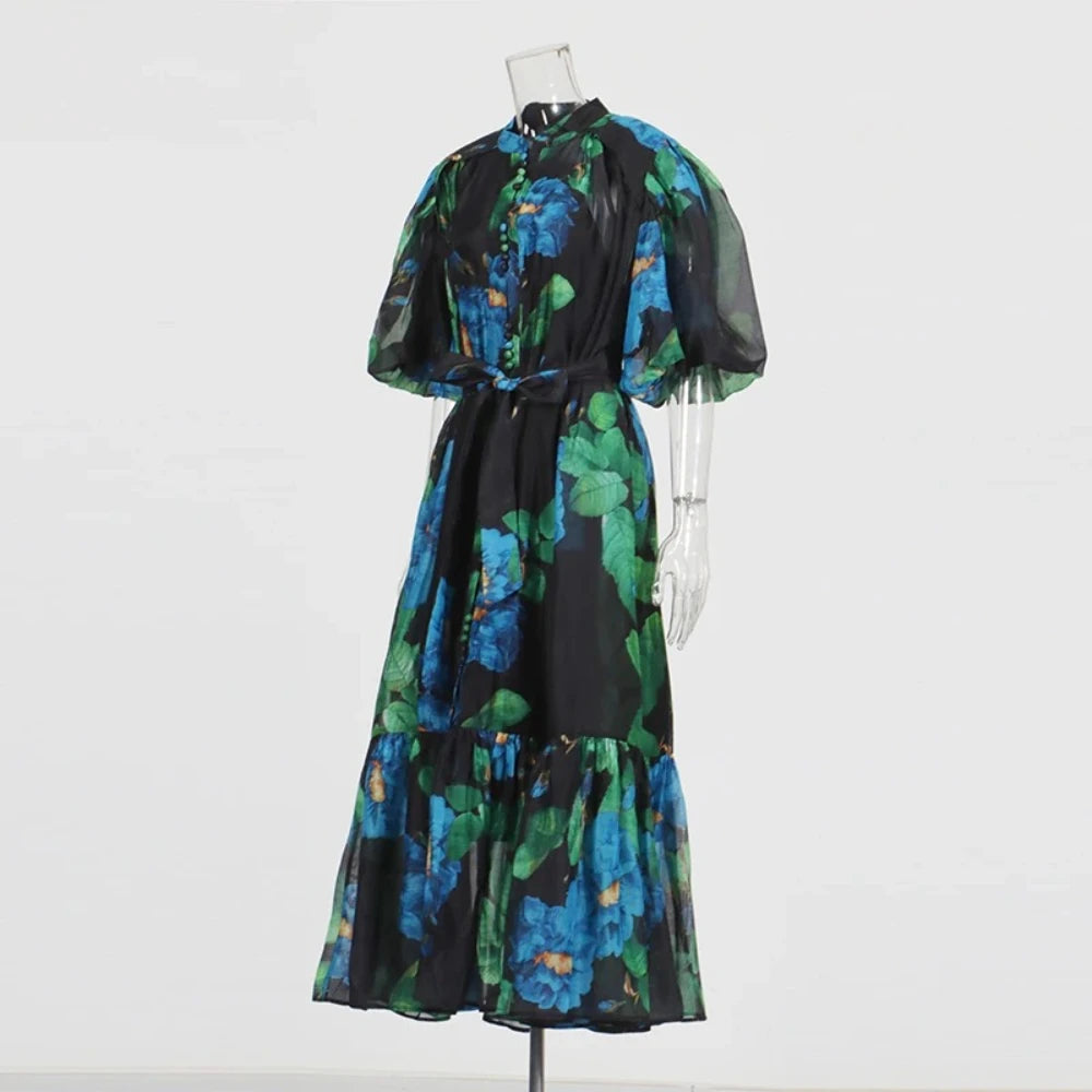 TWOTWINSTYLE Hit Color Spliced Printing Midi Dresses for Women Round Neck Short Sleeves Patchwork Lace Up Elegant Dress Female