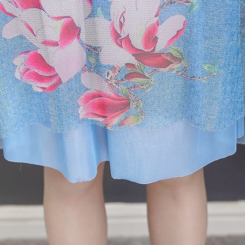Elegant Dresses Women NEW Summer Casual Retro Temperament printing two Piece Set Dress Mother Dress plus Size