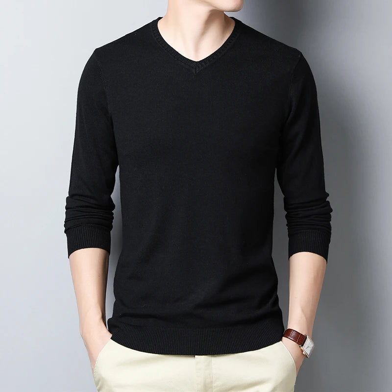 Sweater men's solid color sweater V-neck sweater thin design spring and autumn winter knitted base sweater