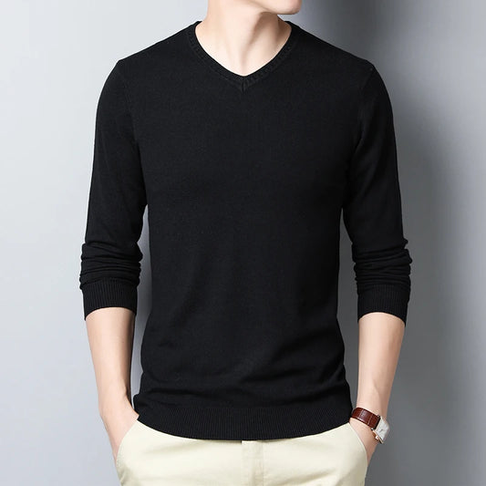 Sweater men's solid color sweater V-neck sweater thin design spring and autumn winter knitted base sweater