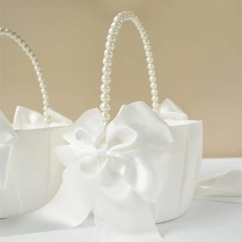 White Girls Flower Basket Silk Wedding Basket Flower Bride Girls Kids Hand Held Wedding Party Wedding  Bridal Flower Basket
