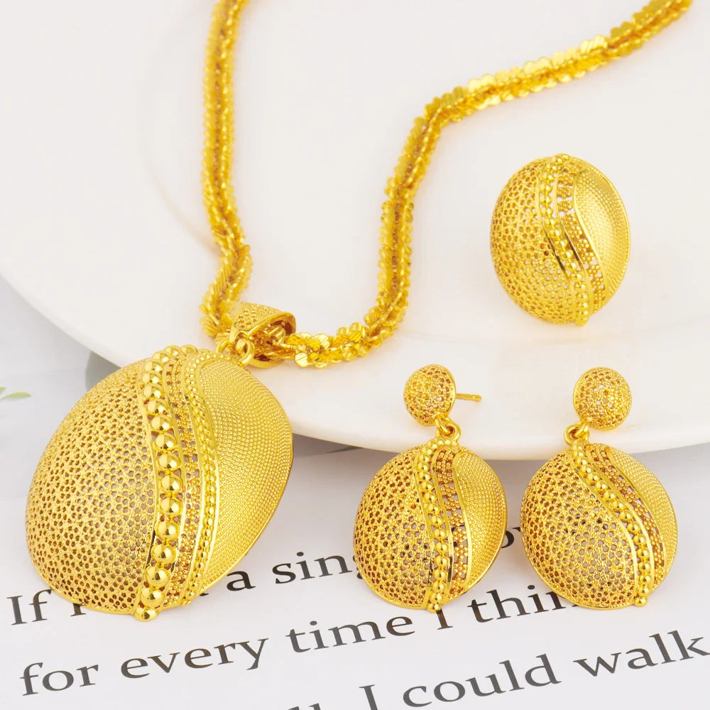 Dubai Exotic Floral Jewelry Set Gold Tone Necklace Earrings Women Wedding Accessories