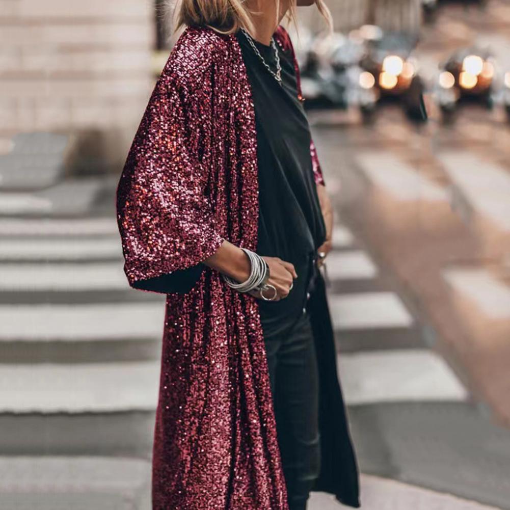 Women Coat Comfy Loose Outerwear Outwear Windproof  Stylish Shining Sequins Cardigan Jacket Top