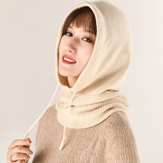 Winter Hats for Women, Wool Blend Hooded Scarf Hat for Girls Balaclava Knit Skull Cap Beanie Hat Neck Gaiters