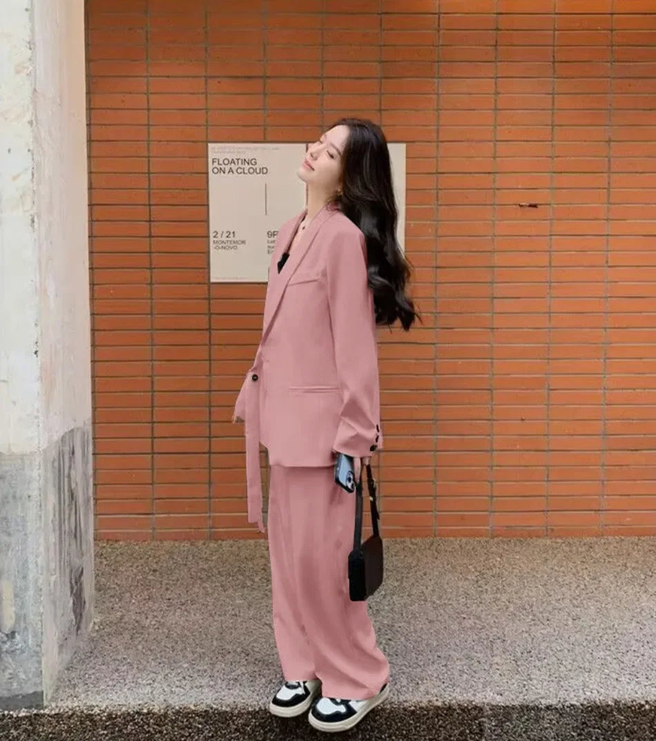 Women's Fashion Office Suit Set Casual Oversized Blazer And Wide Leg Pants Two-Piece Long Sleeve Top Bottoms Combo