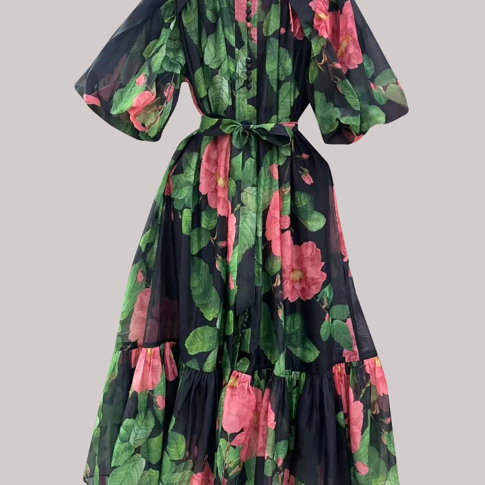 TWOTWINSTYLE Hit Color Spliced Printing Midi Dresses for Women Round Neck Short Sleeves Patchwork Lace Up Elegant Dress Female
