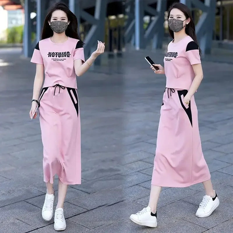 Women's Two Piece Set Short Sleeve Lightly Cooked Slit Skirt Luxury Designer Clothing Y2k Clothes Top and Bottom Female Outfits