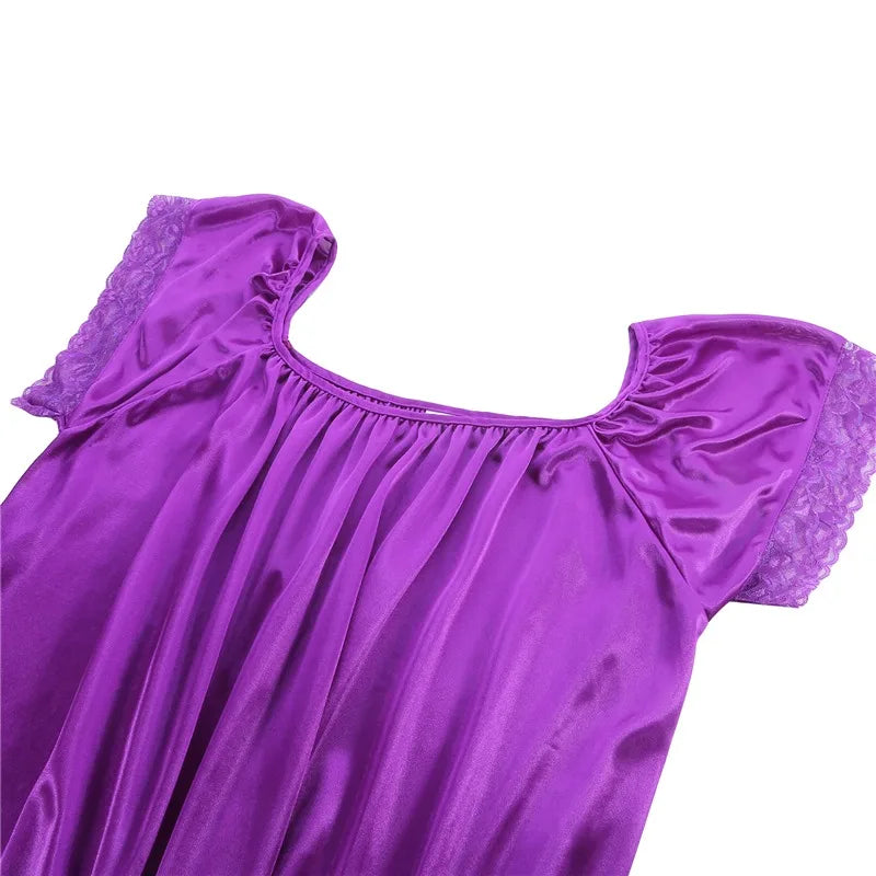 Women Night Gowns Sleepwear Lace Patchwork Nightwear Long Sleeping Dress Casual Ladies Home Dressing