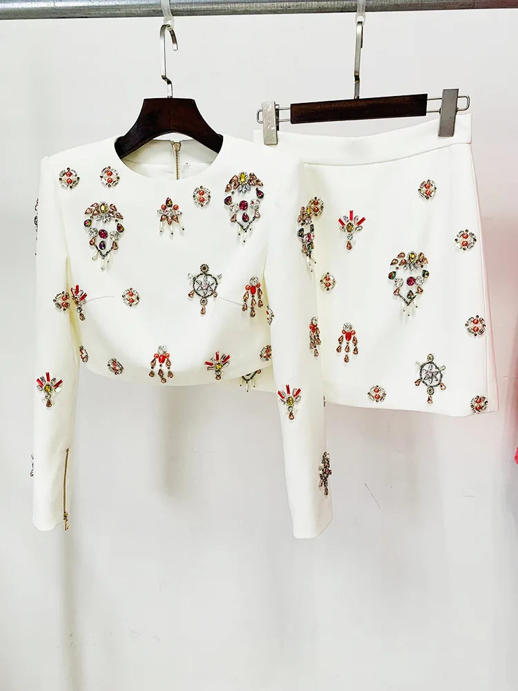 Women's Clothing Two-piece Suits Star Fashion New Style Heavy Beaded Diamond Short Top and Skirt Suit Dress Matching Sets