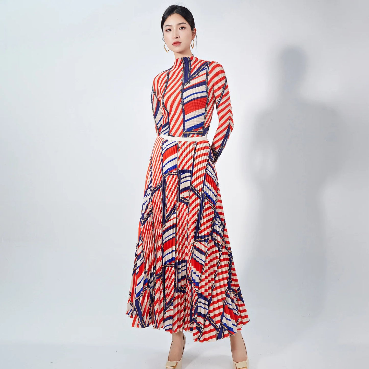 Elegant Women's Two-Piece Dress Set Pleated Striped Long-Sleeved Turtleneck Skirt Ankle Length Woven Fabric Anti-Static