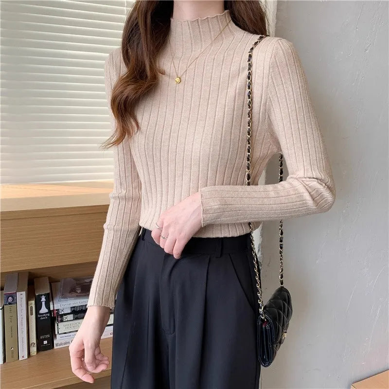 Woman Sweaters 2025 Autumn Winter Knitted Ribbed Turtleneck Sweater Women Clothes Long Sleeve Slim Basic Pullover Solid Tops