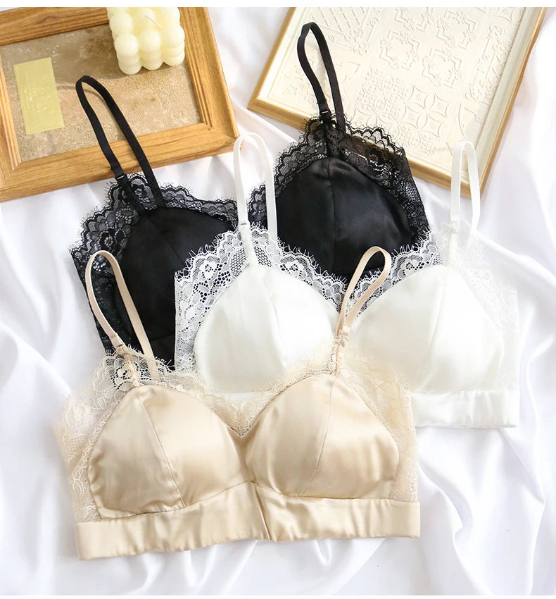 Women Silk Bras 93.8% Mulberry Silk 6.2 Spandex Lace Satin Surface Wire Free Wireless Bra Bralette Everyday Wear TA018