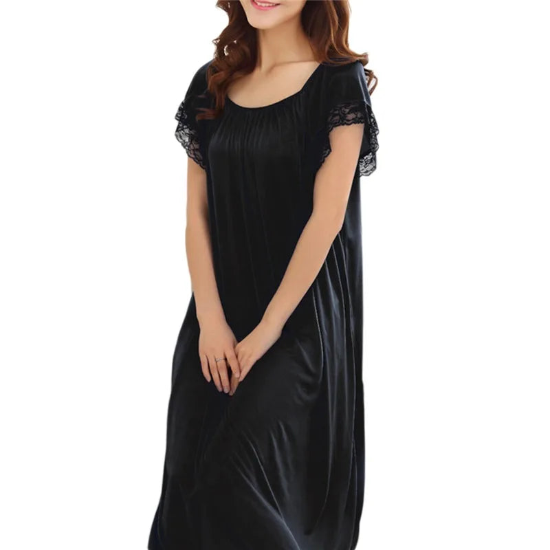 Women Night Gowns Sleepwear Lace Patchwork Nightwear Long Sleeping Dress Casual Ladies Home Dressing