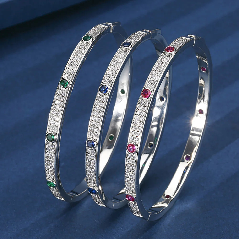 Luxury Wedding Bangles for Women Vintage 4mm Sapphire Emerald Ruby Bracelets Gemstone Party Fine Jewelry Birthday Female Gifts