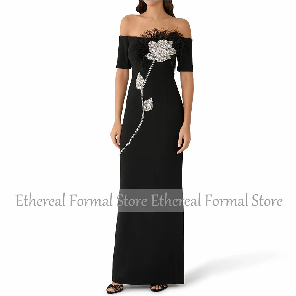 Modern Black Evening Gown For Women Sheath Formal Party Dress Floor Length Saudi Dress Beading Prom Dress With Feather