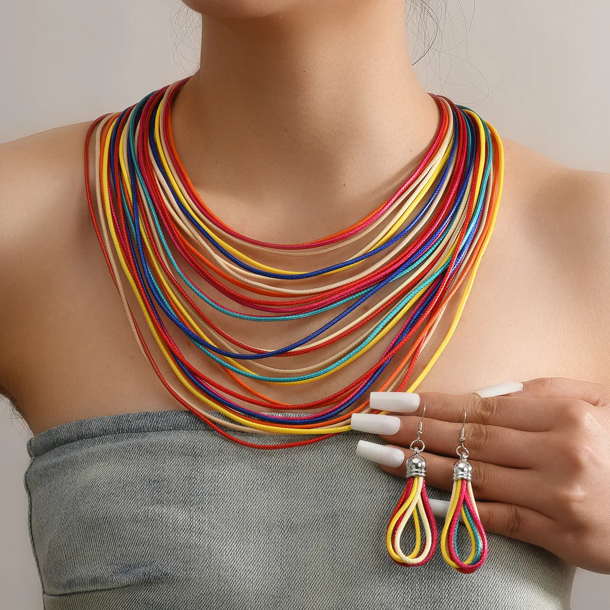 Jewelry Sets for Women, Multi-layer Wax Thread Hand-woven Necklace, Fashion and Personality Choker + Dangle Earrings