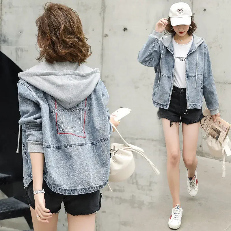 Outerwears Embroidered Spring Autumn Hooded Female Jeans Coat with Print Graphic Women's Denim Jackets Luxury Low Price Harajuku