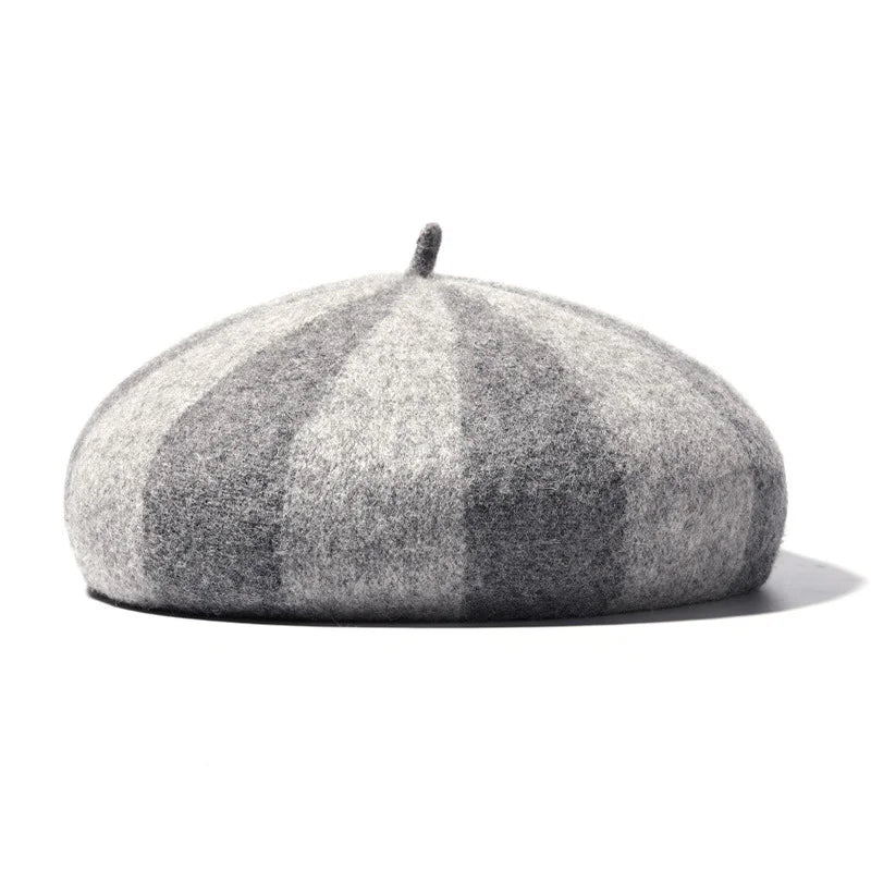 Women's Hat 100% Wool Beret Knitted Tweed Contrast Stripe Japanese Painter British Retro Autumn Winter Hats