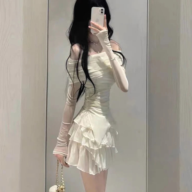 Skirts Sets Women Summer Slim Solid Irregular Skew Collar Ladies Long Sleeve T Shirt Fashion Chic Sweet Ruffles Ball Gown New