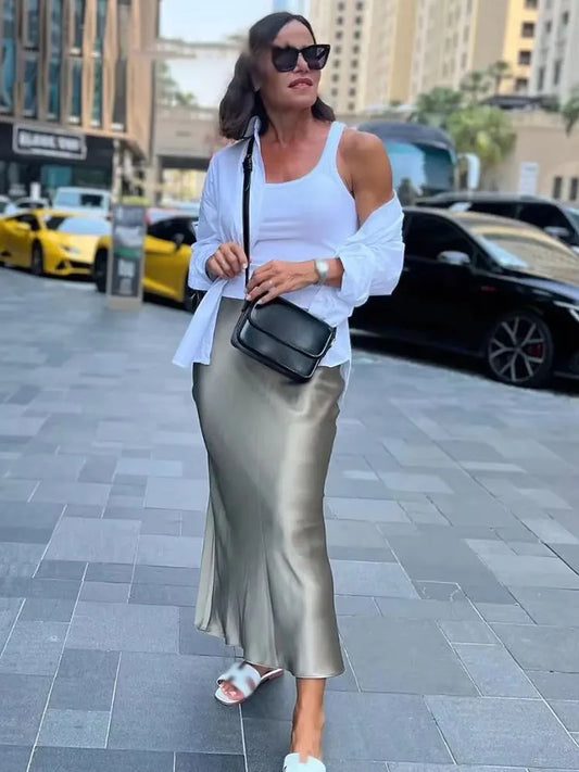 HH Skirts For Women 2024 Summer Solid Satin Sheath Long Skirt Female Show Curve Beach Outfits For Woman Mermaid Skirts