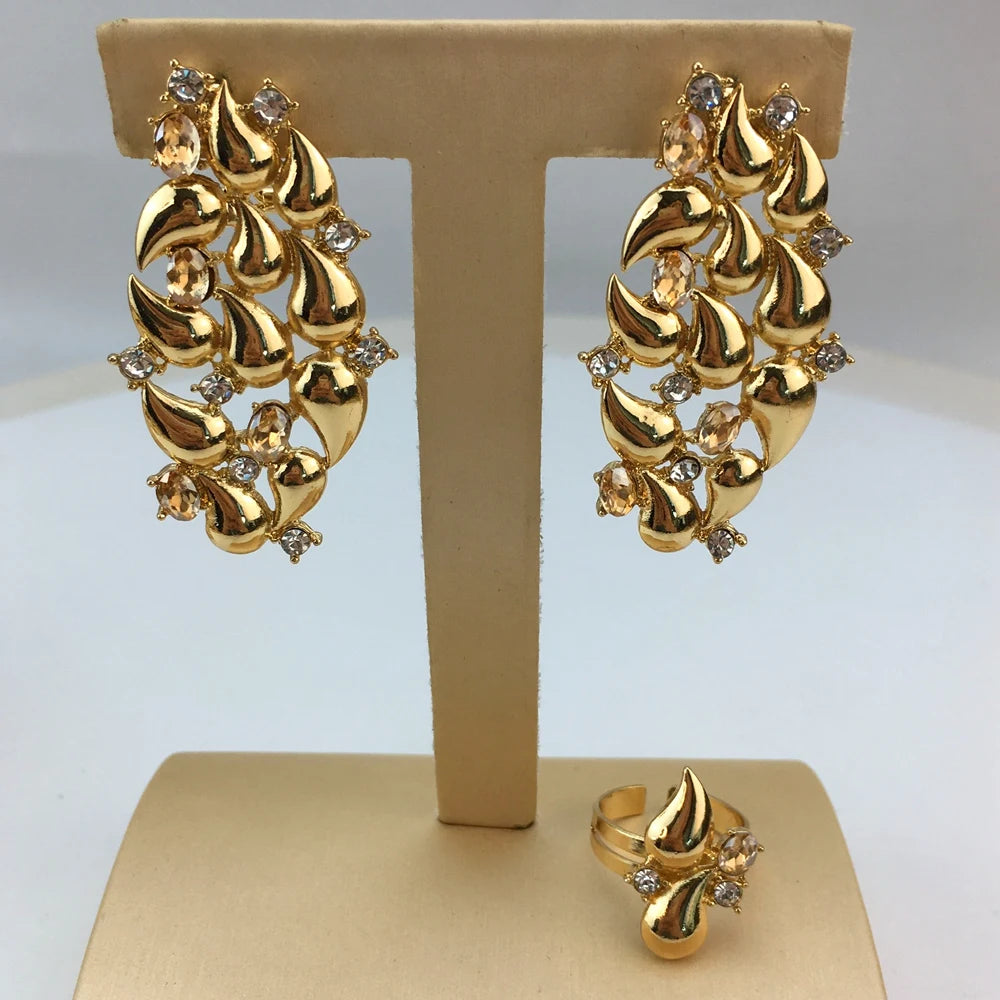 Luxury Design Gold Color Jewelry Set For Women Quality Trending Necklace Earrings Bracelet And Ring Wedding Party FHK19490
