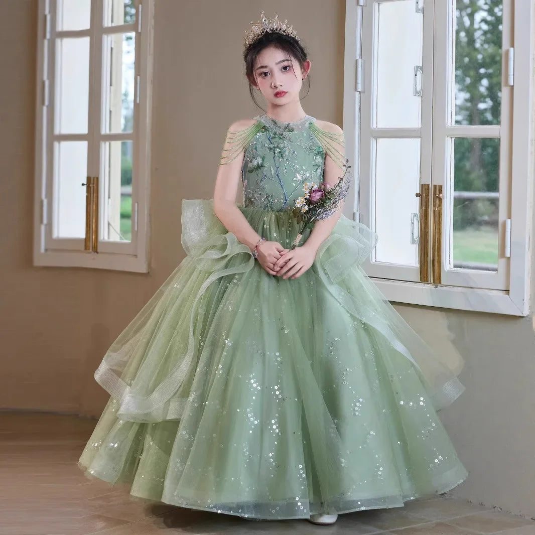 Teen Girl Clothes Green Girls Princess Dress Kids Pageant Host Gown Birthday Party Outfit PianoFormal Wear Recital Performance