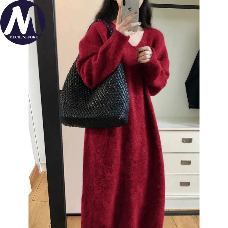 Sweater for Woman Autumn Winter Lazy Style V Neck Knitted Dresses Korean Fashion Casual Loose Thickened Warmth Sweaters Dress