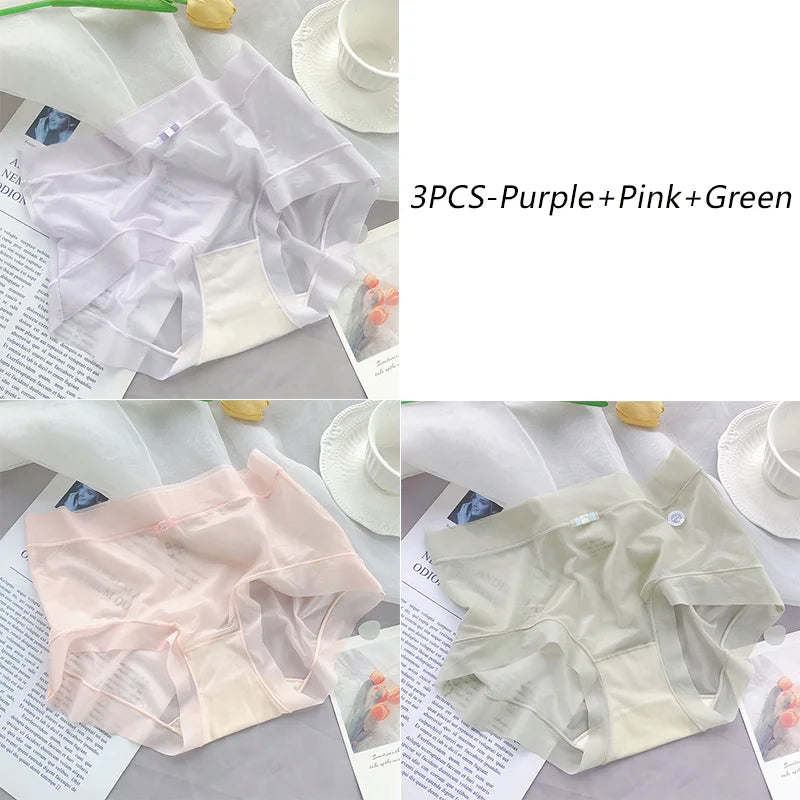 3PCS Women Seamless Panties Ice Silk Transparent Breathable Antibacterial Panty Mid-waist Briefs Cotton Underwear