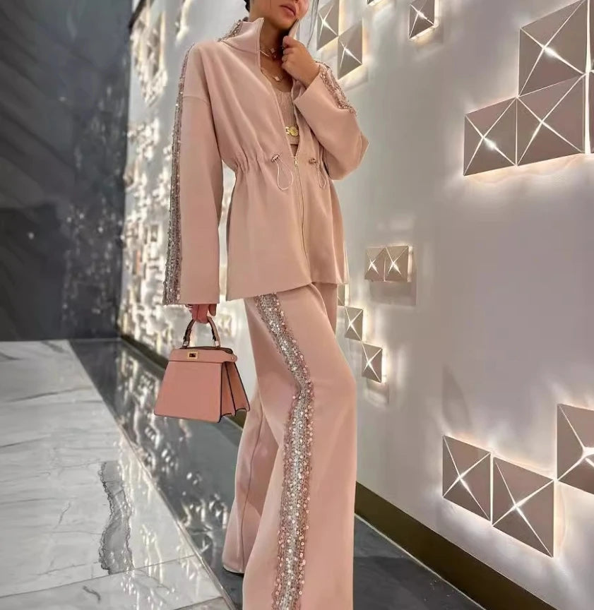 Women's two pieces set Fashionable Contrasting Color Drawstring Elastic Top Casual Pants Set Temperament Commuting Two-Piece Set