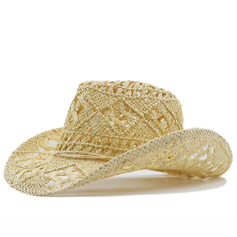 Straw Western Cowboy Hat for Women Men Classic Vintage Hollow Out Unisex Curled Wide Brim Sun Hat Fishing Hat Climbing Cap