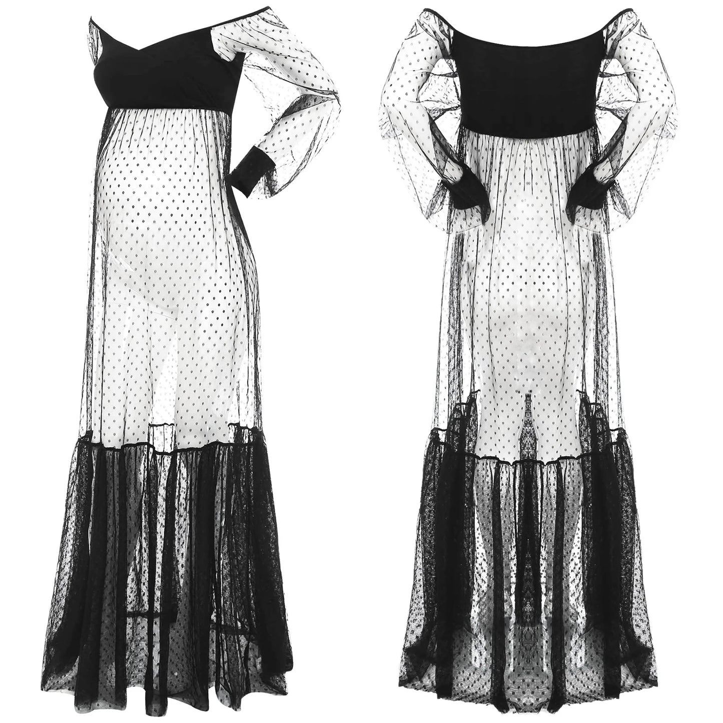 Maternity Pregnancy Photography Dress Bubble Sleeve Off-shoulder Polka Dots Sheer Mesh Split Maxi Gown for Party Sleepwear