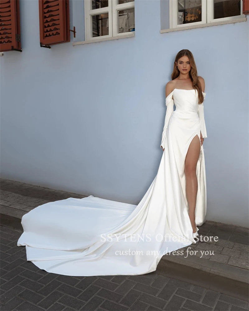 Beach Wedding Dresses For Bride Removable Long Sleeves Mermaid Wedding Gowns for Bride High Slit Custom Princess Bridal Gown