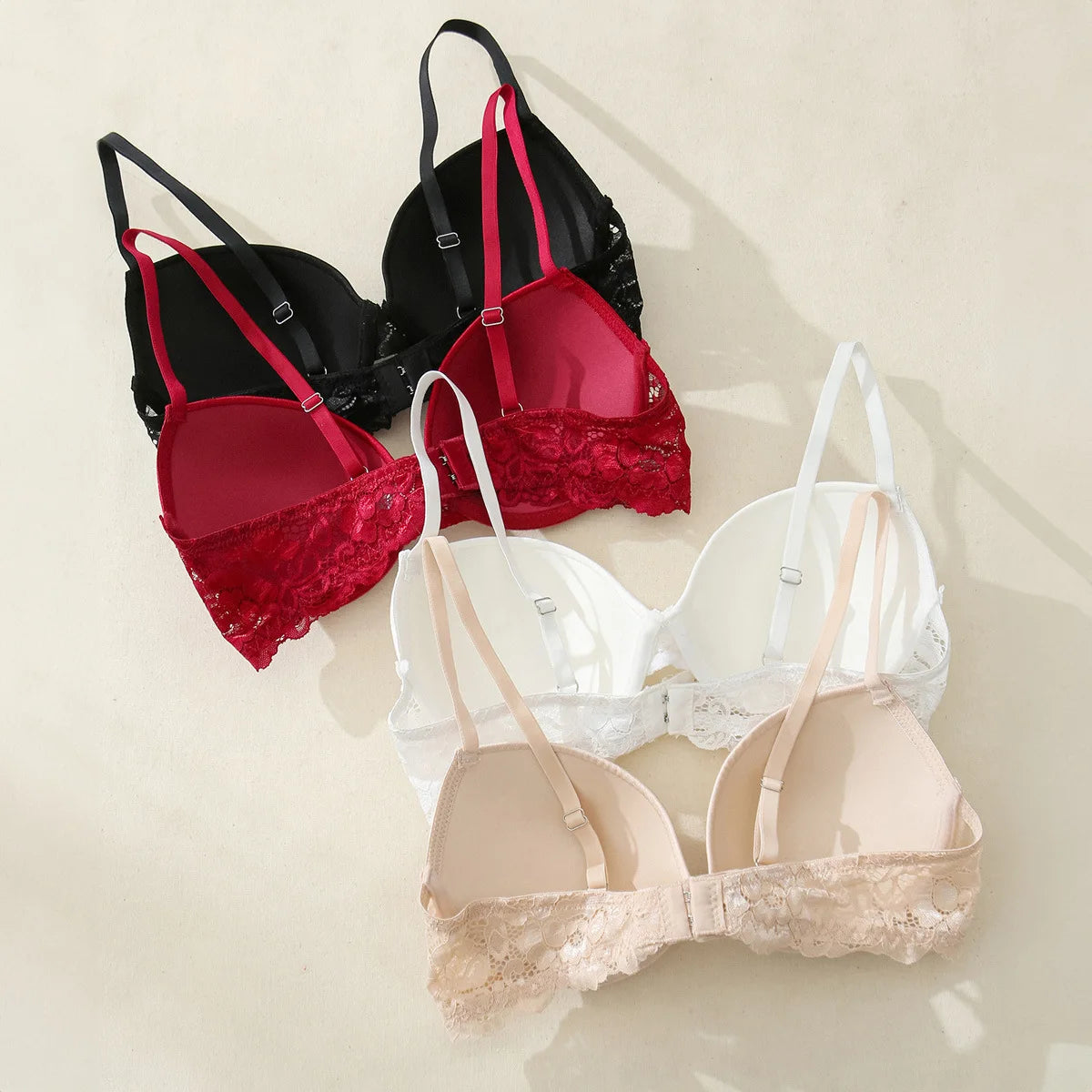 Large Size Bra for Women Non-underwire Gathering Lace Trim Lingerie Deep V Sexy Anti Sagging Push Up Underwear