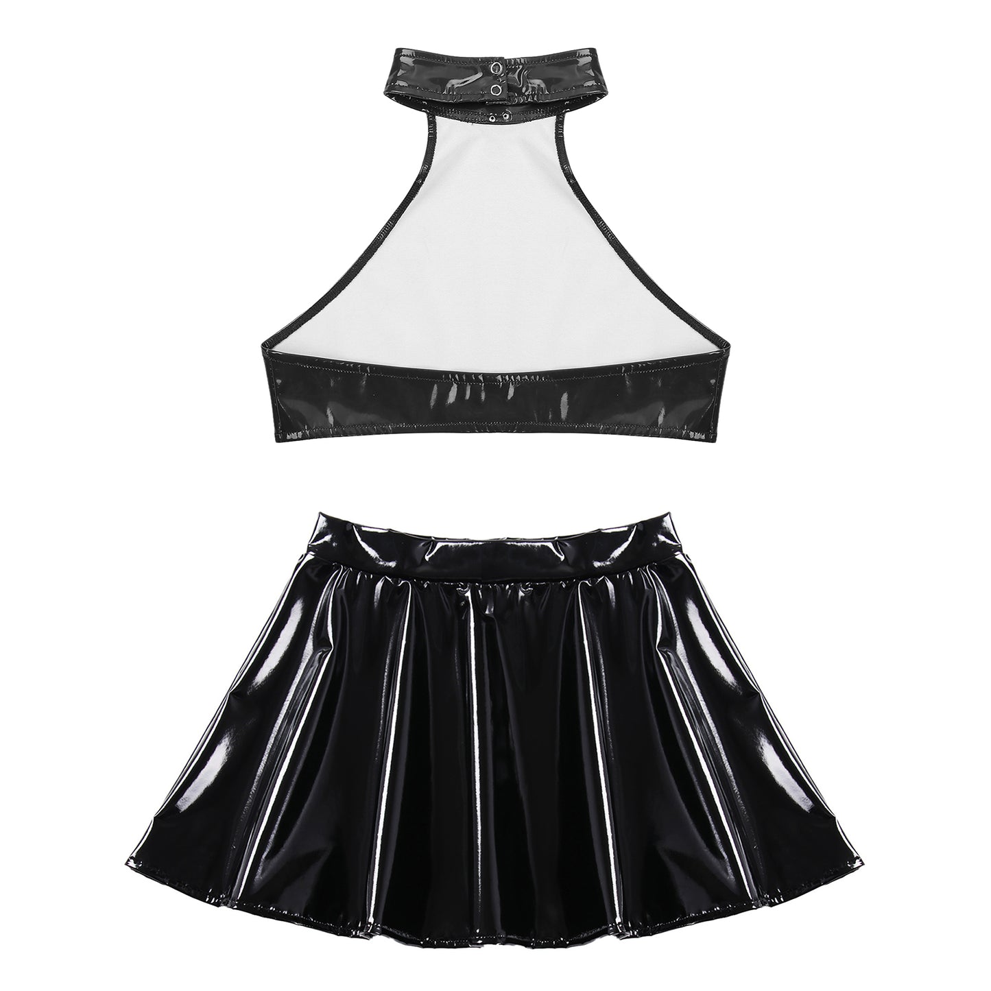 Womens Two Pieces Rave Party Outfits O Ring Halter Vest Tops Backless Patent Leather Crop Top with Invisible Zipper Flared Skirt