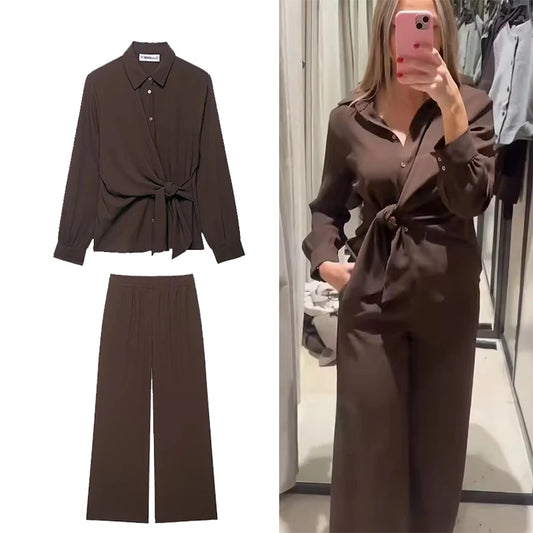 Women's Casual Suit Women Shirts Top+ Wide Leg Pants Two Pieces Sets For Women Long Sleeve Shirts Elastic Waist Trousers Suit