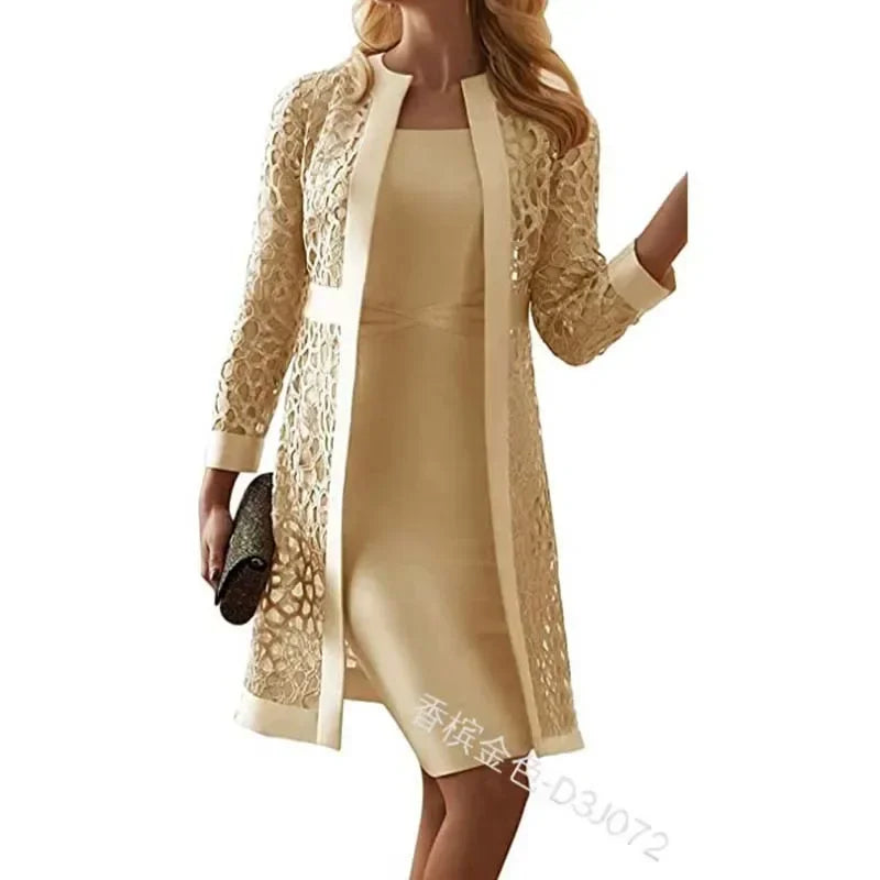 2025 Women's Dress Suit Sets Elegant Two Piece Set Outfits Solid Lace Cardigan Long Sleeve Office Party Knee-length Dress Set