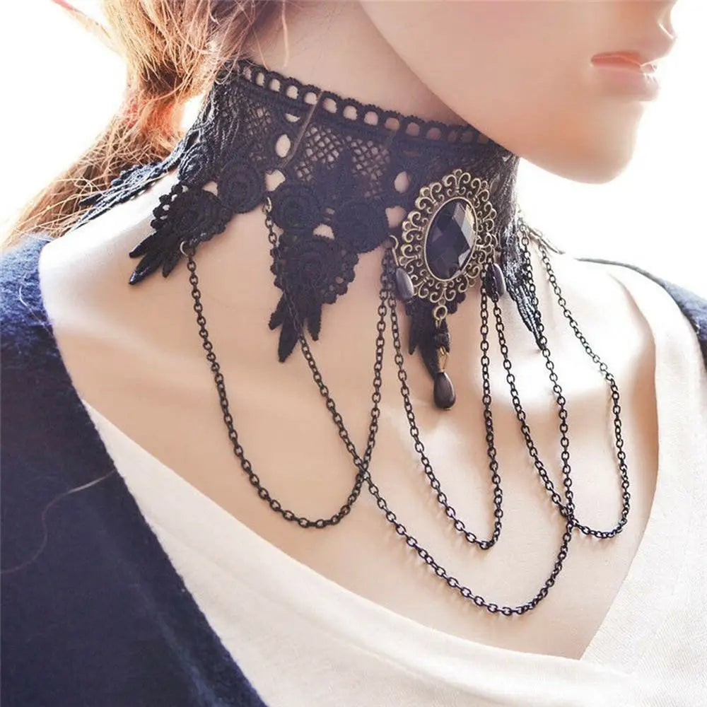 Sexy Black Lace Necklace Vintage Gothic Necklace Steampunk Style Beads Pendant Exquisite Women Choker Fashion Jewelry