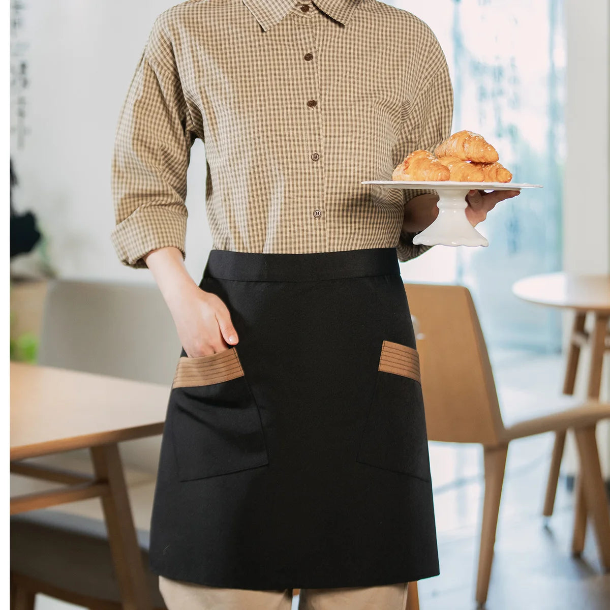 1 Piece Waist Apron for Ladies Kitchen Restaurant Waitress Apron with Side Pockets And Reinforced Seams