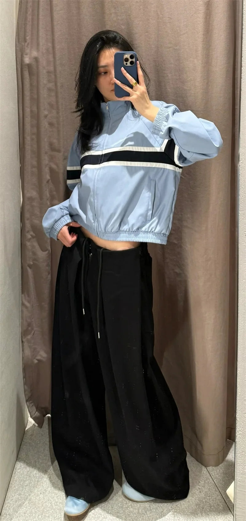 Women's Suit 2025 Autumn New Style Blue Long-Sleeve Striped Decorative Jacket and Pants Suit Casual Fashion Everyday Sports