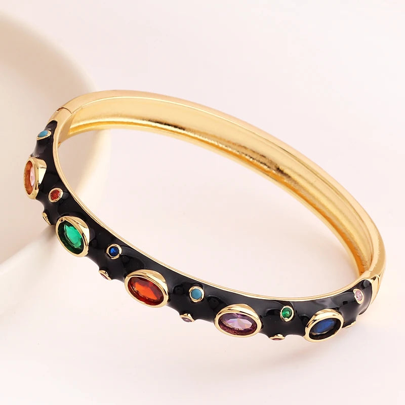 Luxury Colorful Enamel Bangles Bracelets for Women Party Gift Fashion Rainbow Zircon CZ Bangles Original 18K Gold Plated Jewelry