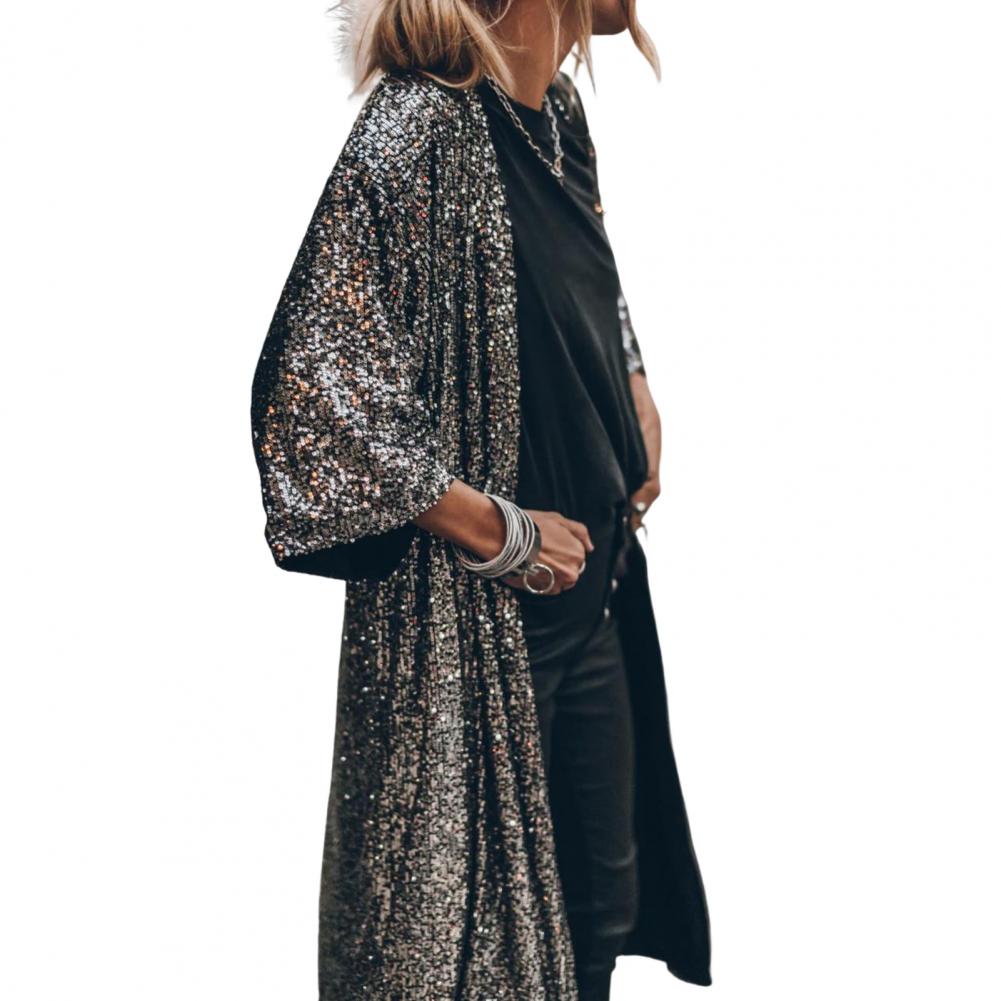 Women Coat Comfy Loose Outerwear Outwear Windproof  Stylish Shining Sequins Cardigan Jacket Top