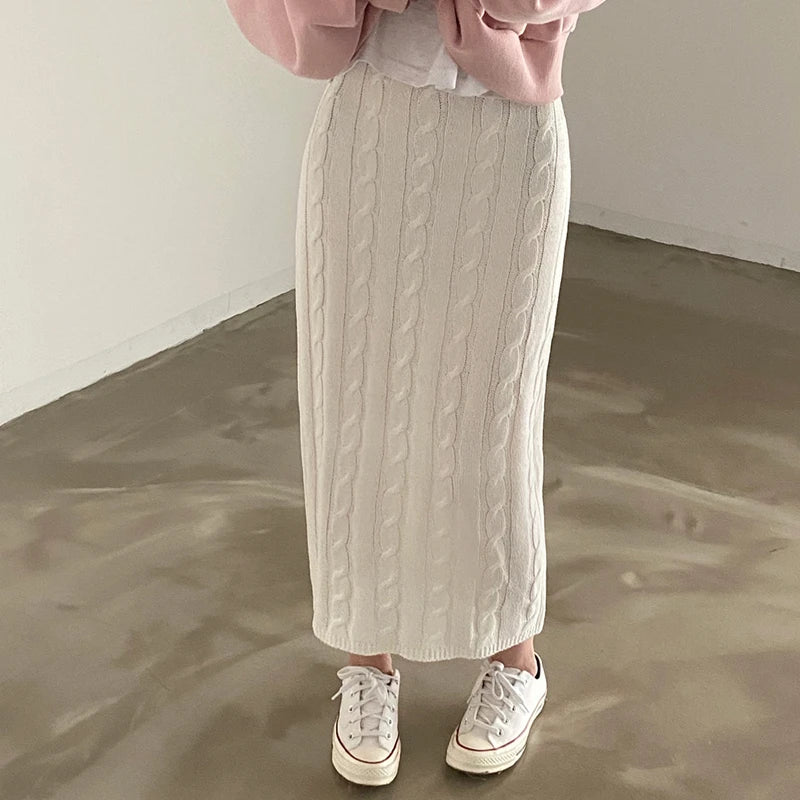 Solid Knitted Skirts For Women 2023 Fashion Autumn Winter Slim Long Skirt Vintage Casual Elastic High Waisted Straight Skirt New