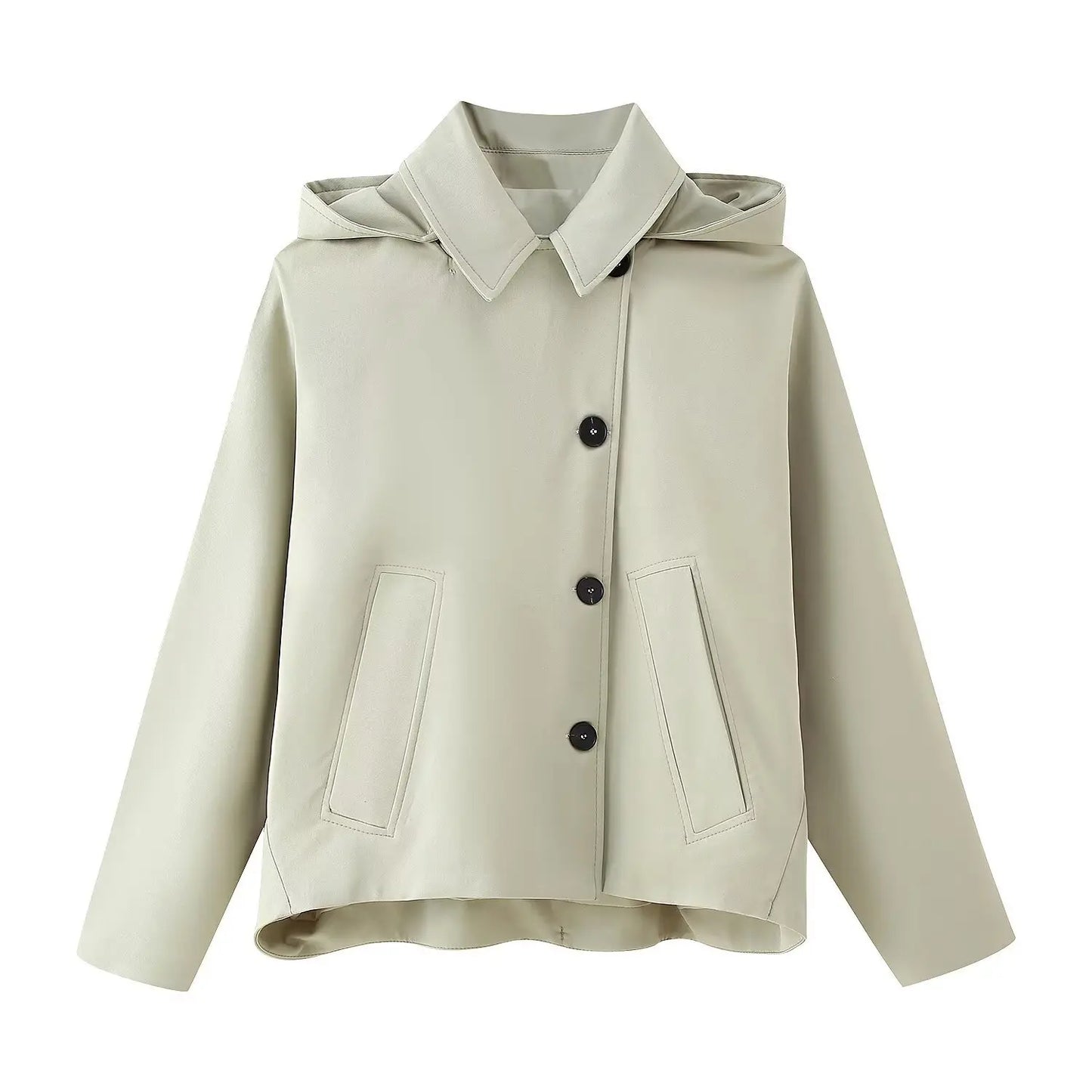 Windbreaker Outerwears Women Hood Cropped Jacket Trench Coat 2025 Autumn Long Sleeve Turn-Down Collar Casual Buttons Coats Cloth