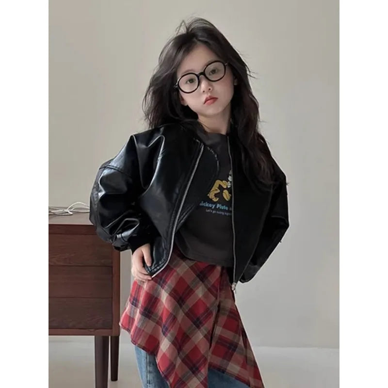 Girls' outerwear Spring and Autumn 2025 New Fashionable Outerwear Short Leather Jacket Autumn Clothing for Children