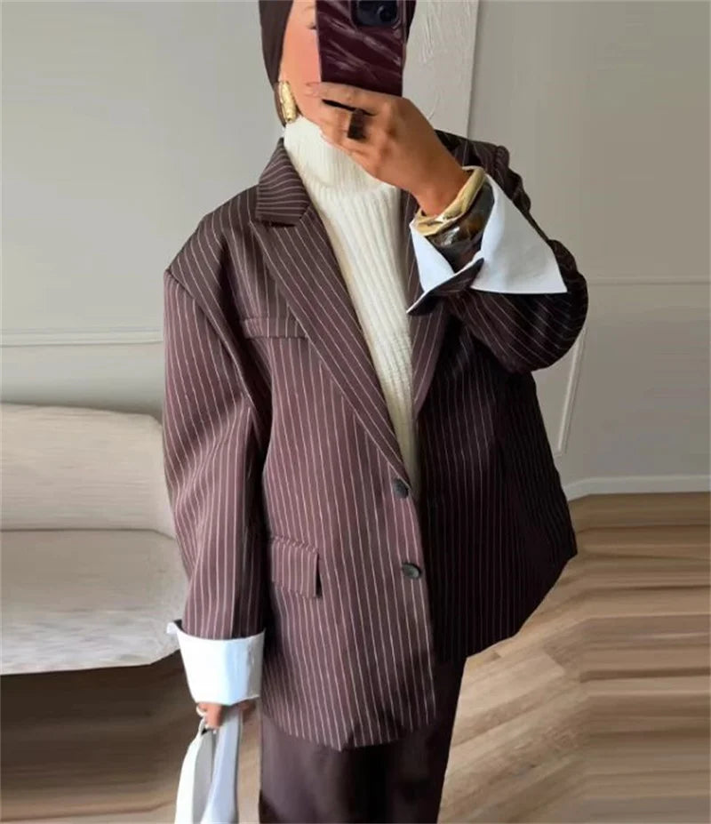 Women's Suit - Blogger Style Brown Striped Loose Fit Two-Button Versatile Blazer Spring and Autumn Fashion Women's Wear