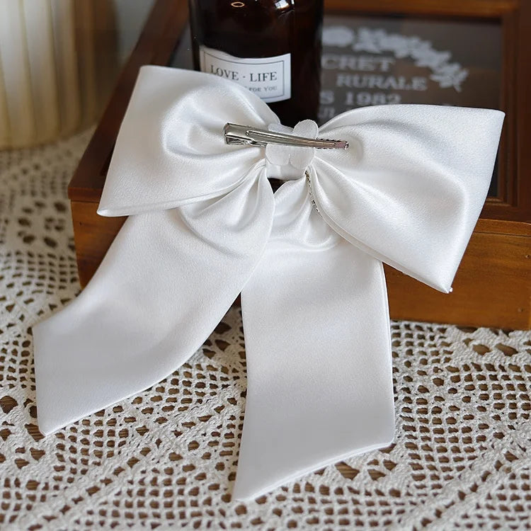 Bridal White Satin Bow Barrettes Wedding  Side Clip  Headdress Elegant  hair accessories for women