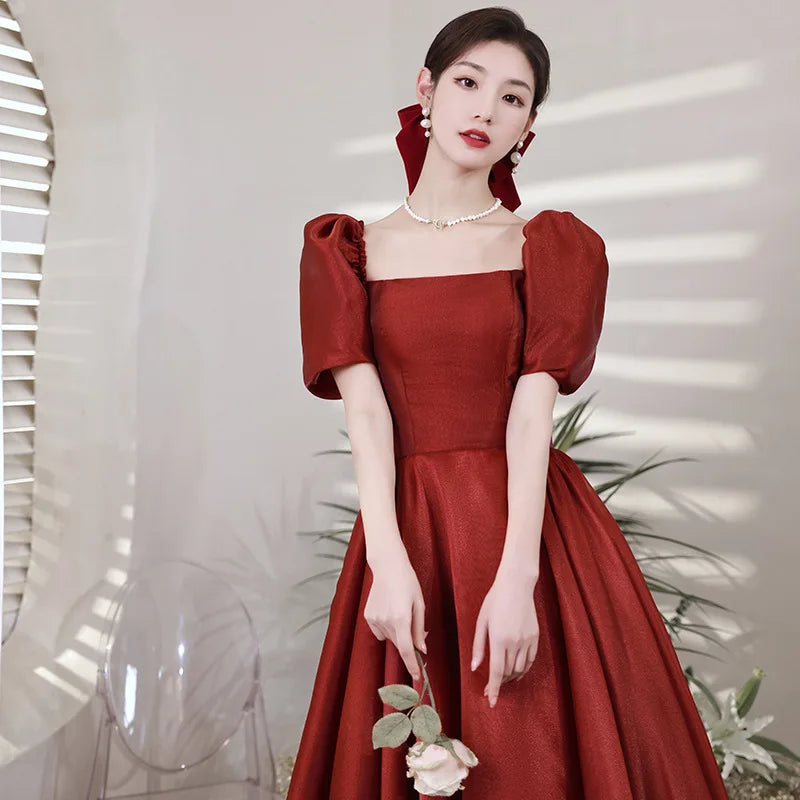 Bridal Engagement Toast Dress With Bubble Sleeves Wine Red Engagement Banquet Elegant Dress Formal Attire Customized