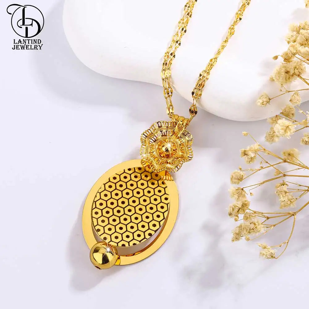 As00049 Dubai Jewelry 24K Gold-Plated Geometric Oval Mesh Pattern Necklace Round Ball Middle Eastern Elegant Ladies Flower Earrings Fashionable Two-Piece Wedding Set