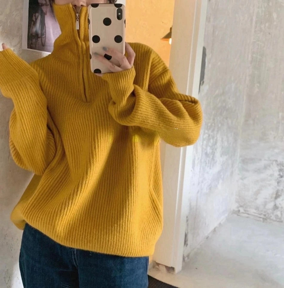 Women's Sweaters 2025 Autumn Winter Long Sleeve Top Loose Knitted Turtleneck Zipper Fashion Pullover Women Oversized Sweater