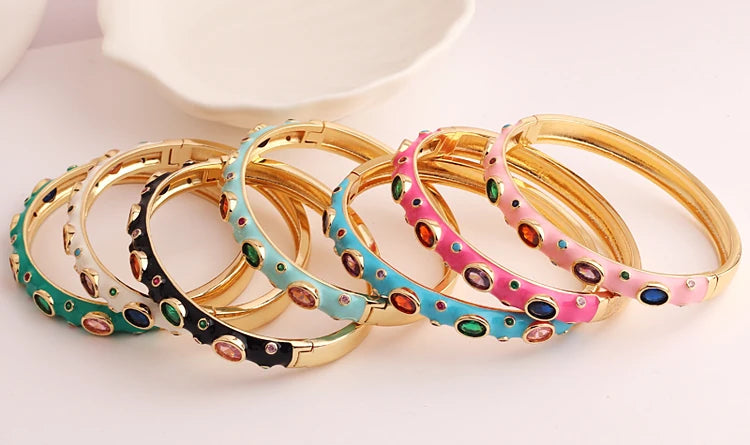 Luxury Colorful Enamel Bangles Bracelets for Women Party Gift Fashion Rainbow Zircon CZ Bangles Original 18K Gold Plated Jewelry